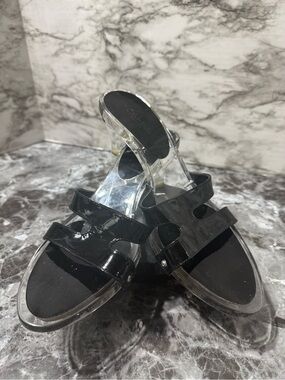 Calvin Klein- Black Patent Clear Acrylic Heel Slide Sandals (6) EUC